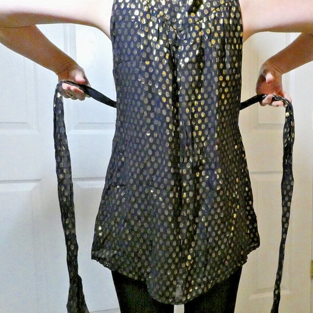 Black Silk Blouse Chiffon Layers Gold Polka dots Party Valentine Day Size M - Picture 7 of 11